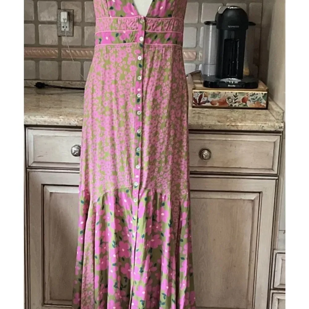 Free People Dewberry Floral Maxi Dress Printed Button Back CrossStrap Pink Olive - Picture 3 of 5